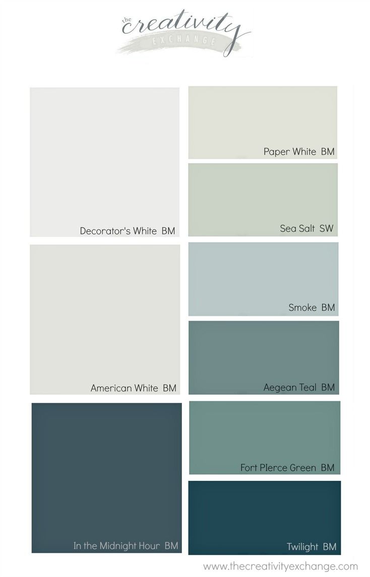 the best paint colors for your home in shades of blue, gray and white with text overlay