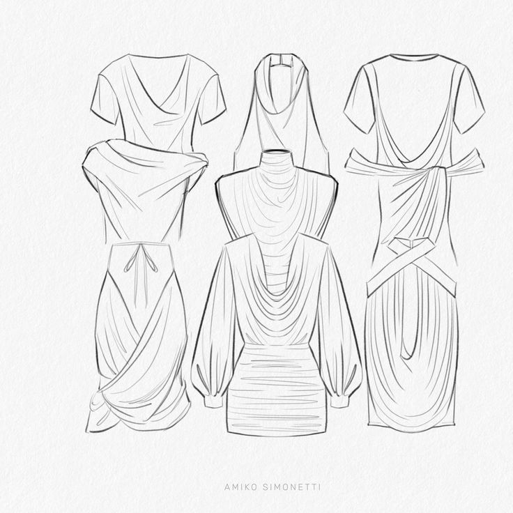 three dresses are shown in black and white, one is draped over the other side