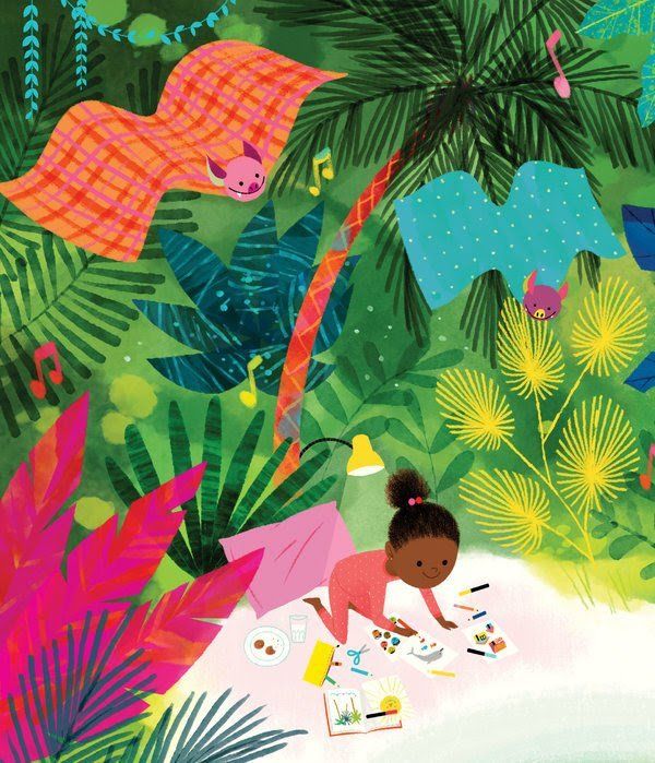 an illustration of a girl playing in the jungle with her toys and other things on the ground