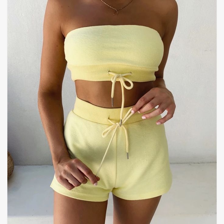 Tiger Mist Yellow Set Too Small Bottom Medium. Some Pulling. Never Worn With Tags Yellow Lounge, Tube Top And Shorts, Pink Tube Top, Tracksuit Outfit, Strapless Crop Top, Strap Crop Top, Crop Top And Shorts, Mini Short, Lounge Shorts