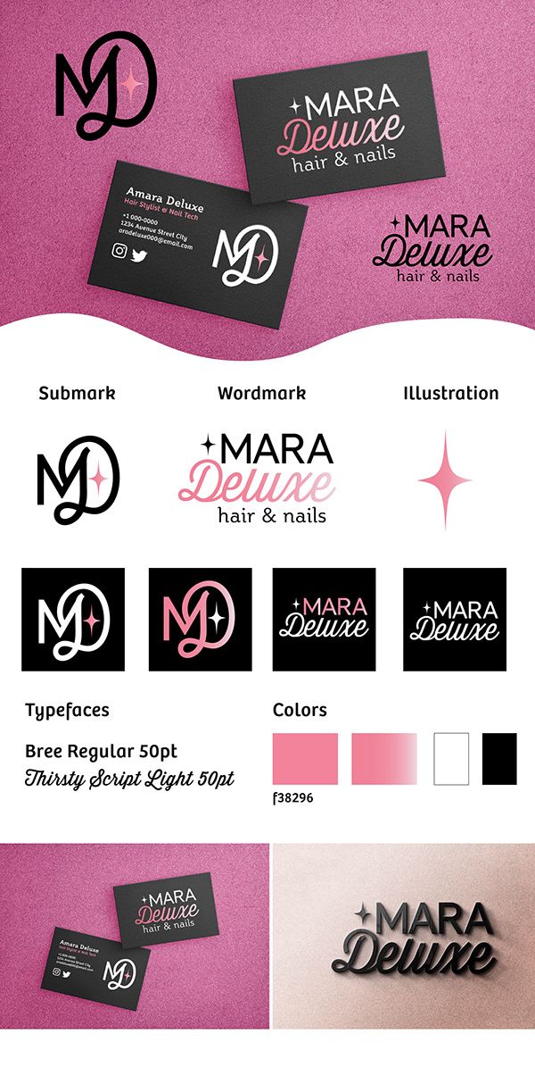 various logos and business cards for hair salons, including the letter m on them