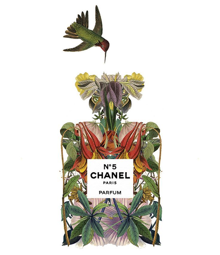 a bottle of chanel no 5 parfum surrounded by tropical flowers and birds