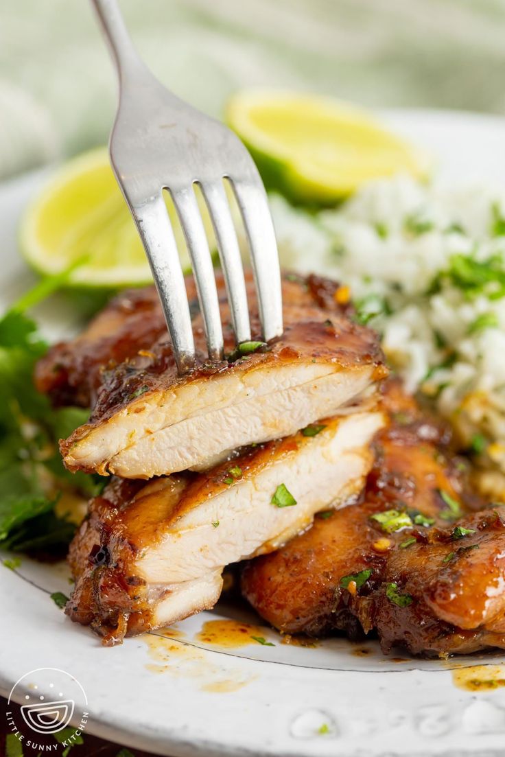 a fork is stuck into some chicken with rice and garnished with cilantro