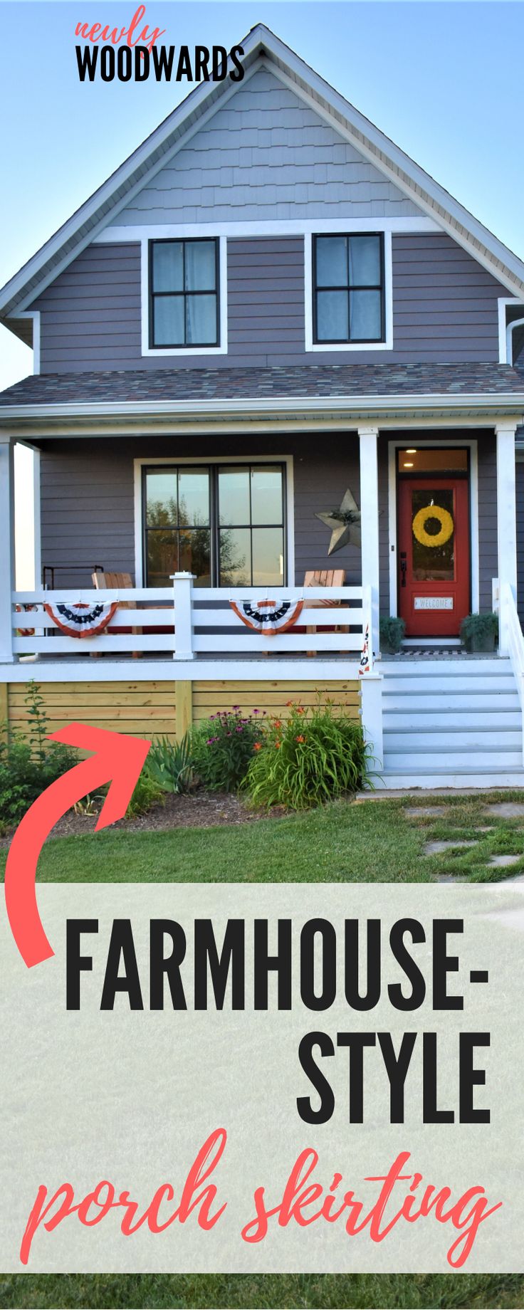 a gray house with the words farmhouse style porch skirting