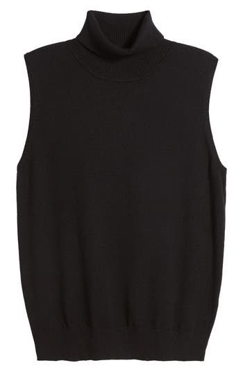 A chunky turtleneck makes a cozy counterpoint to the sleeveless design of this sweater knit from a fine yarn with a soft, comfy feel. Turtleneck Sleeveless 45% viscose, 30% nylon, 25% polyester Hand wash, dry flat Imported Sleeveless Cashmere Top For Layering, Casual Sleeveless Cashmere Tops, Black Fine Knit Sleeveless Top, Cozy Knit Sleeveless Sweater Vest, Black Sleeveless Fine Knit Top, Cozy Sleeveless Tops For Fall, Black Turtleneck Sweater Vest For Layering, Crew Neck Fine Knit Sweater Vest For Layering, Black Turtleneck Tank Top For Fall