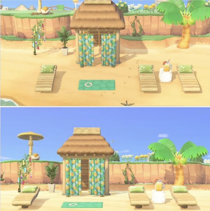 two pictures of the same area in animal crossing, one with a beach hut and another with lounge chairs