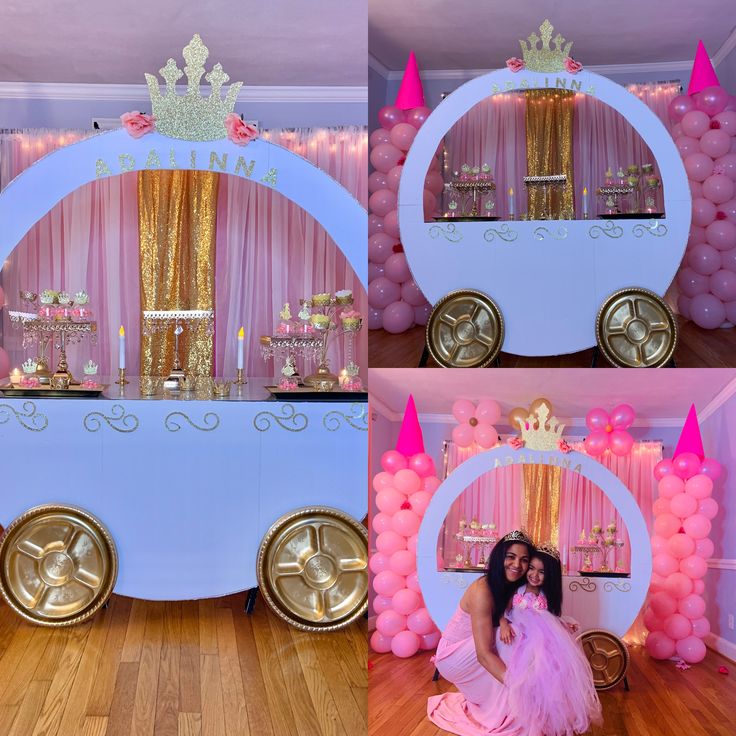 two women pose in front of an ice cream cart decorated with pink and gold balloons