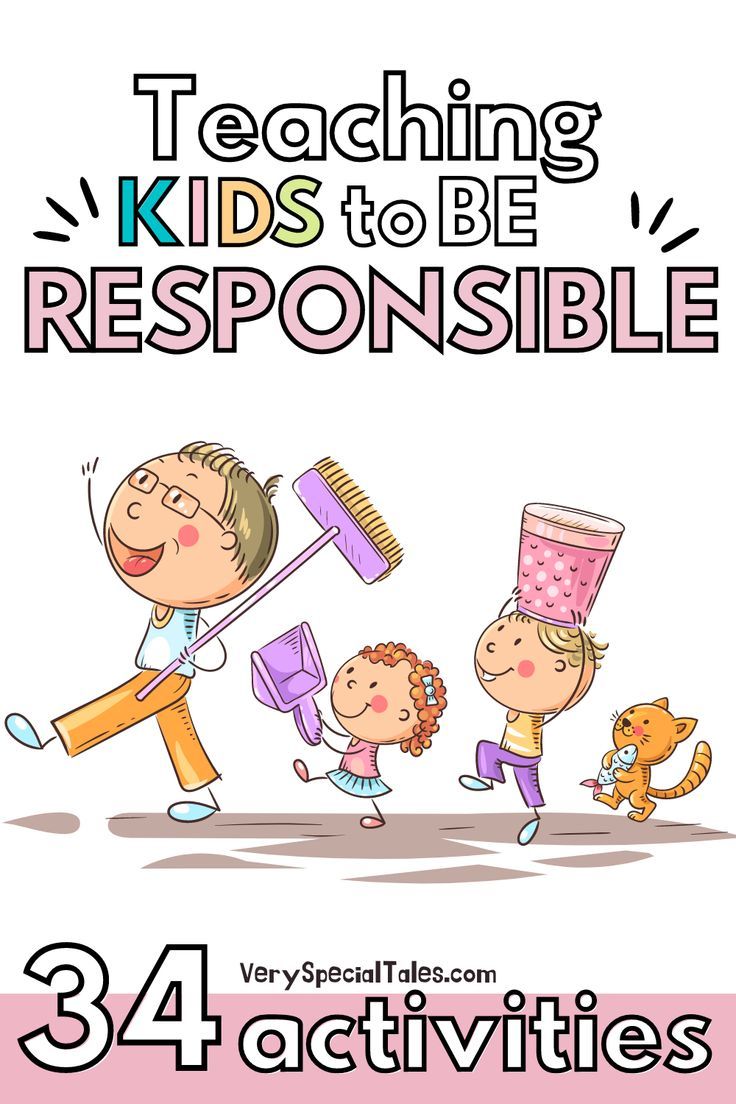 Title "Teaching Kids to Be Responsible. 34 Activities" and an illustration of a family about to start their household chores Responsibility Activities For Kids, Responsibility Activities, Responsibility Lessons, Kids Fun Activities, Character Building Activities, Character Education Lessons, Character Activities, Teaching Responsibility, Kids Activities At Home