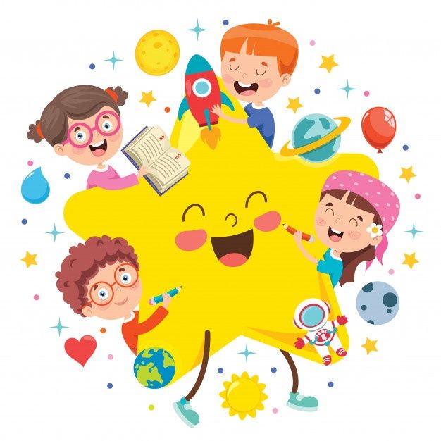 children are standing around a star with an open book in its hand and smiling at the viewer