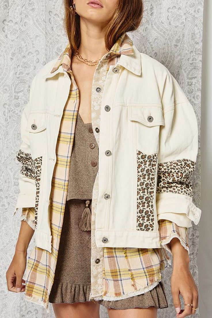 - Jacket- Denim- Collar- Button Closure- Front Flap Pockets- Cream/Tan- Leopard Print Blocks- 100% Cotton Cream Denim Jacket Outfit, Cream Denim Jacket, Denim Collar, Denim Jacket Outfit, Leopard Jacket, Printed Denim Jacket, Print Denim, Jacket Denim, Stay Wild