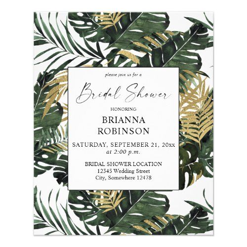 a tropical bridal shower party with palm leaves and gold foil on the front, white background