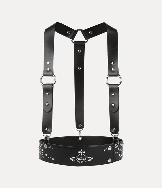 The Studs harness sits over the shoulders and wraps around the waist with industrial-style straps.