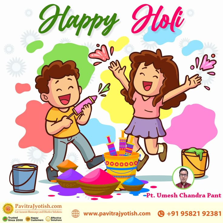 a boy and girl celebrating holi with cake on the ground in front of them