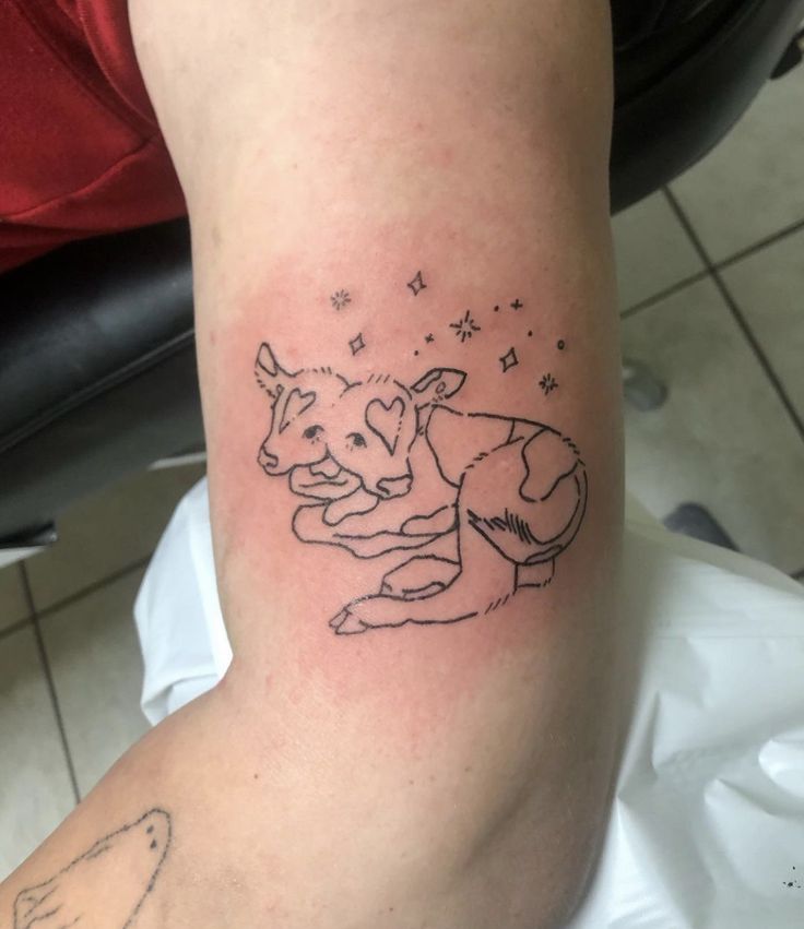 a tattoo on the arm of a woman with two foxes and stars in her hair