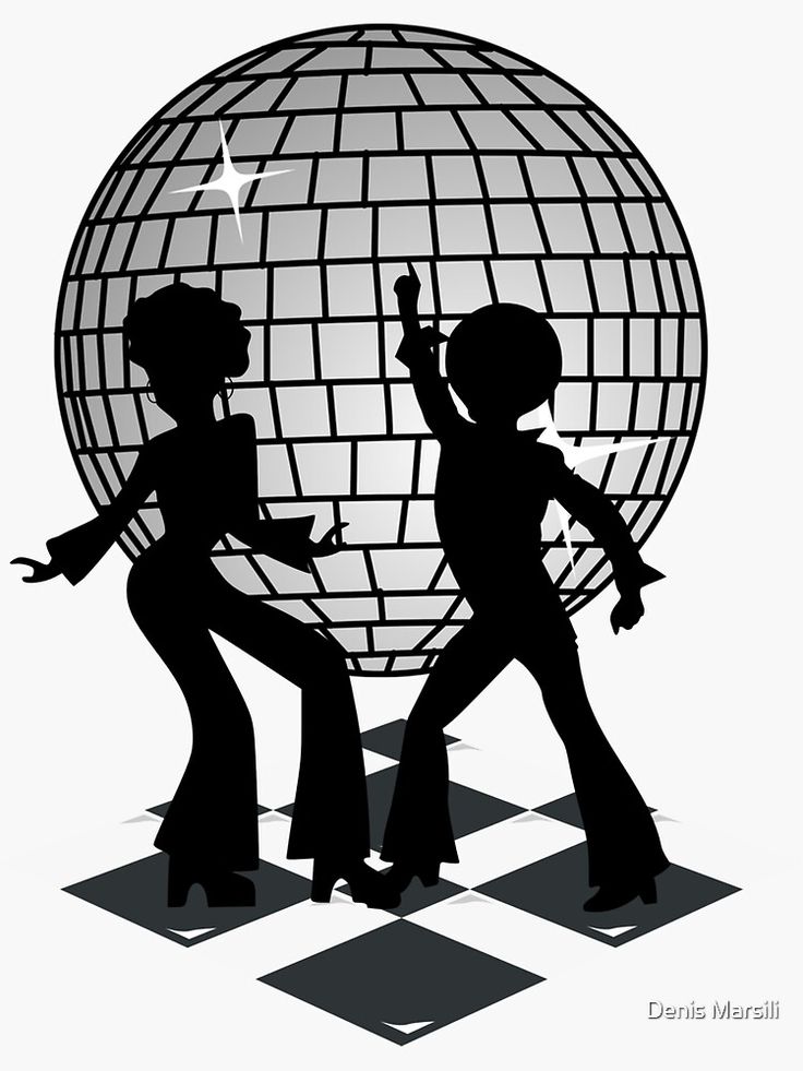 two people are dancing in front of a disco ball