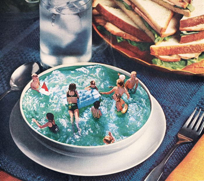 there are many miniature people in the water at this table with sandwiches and drinks on it