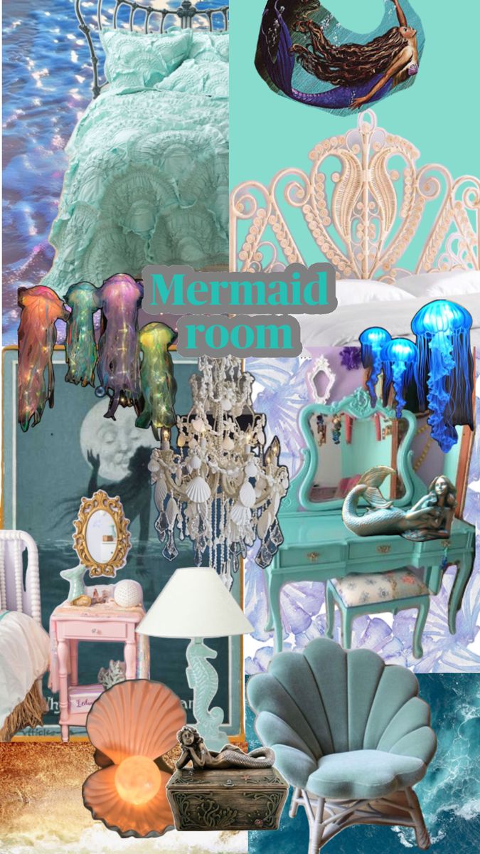 a collage of mermaid themed furniture and decor in pastel blue, green, pink, and gold