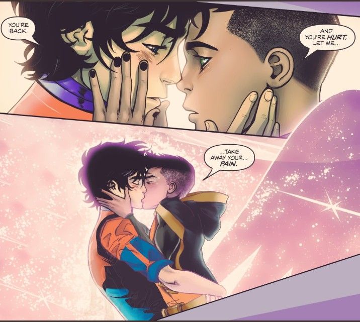 an image of a comic strip with two people kissing and one is holding his hand to his face