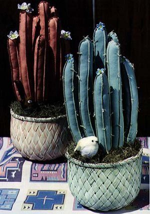 two potted cactus plants sitting next to each other on top of a cloth covered table