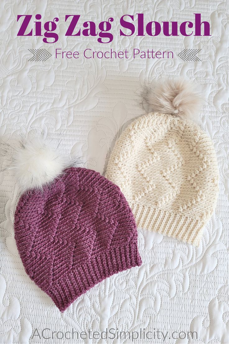 two knitted hats sitting on top of a white bed next to the words zig zag slouch free crochet pattern