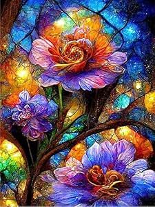 an artistic painting with flowers and lights in the background