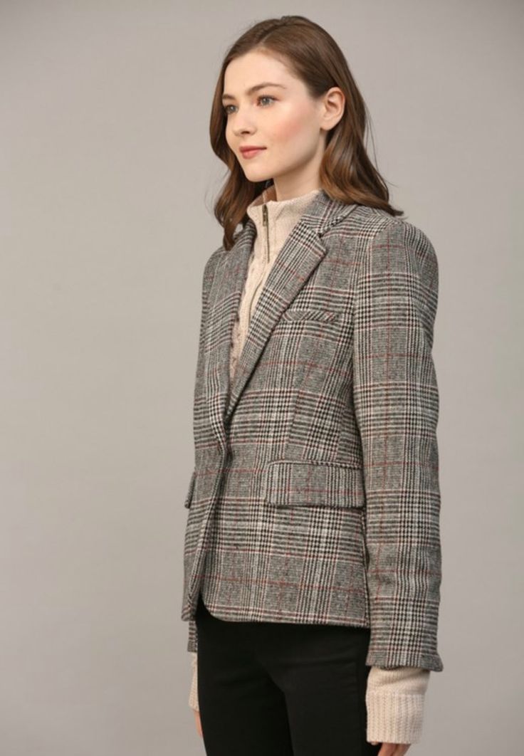 Knit insert plaid blazer Fall Workwear Sport Coat With Houndstooth Pattern, Winter Plaid Fitted Sport Coat, Winter Fitted Plaid Sport Coat, Casual Plaid Blazer With Notch Lapel, Fall Houndstooth Sport Coat For Workwear, Classic Plaid Sport Coat For Office, Fall Houndstooth Sport Coat For Work, Tailored Winter Blazer With Houndstooth Pattern, Winter Houndstooth Blazer With Notch Lapel