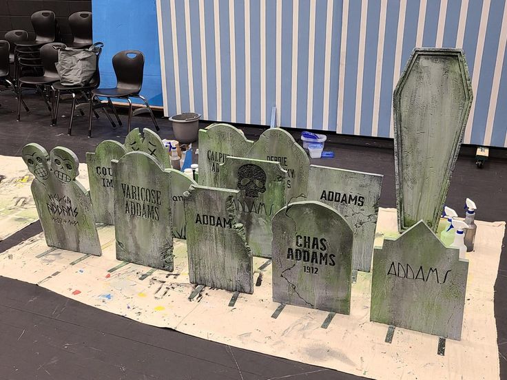 a group of tombstones sitting on top of a table