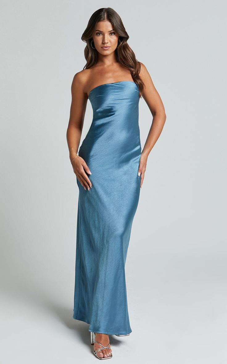 Charlita Maxi Dress - Strapless Cowl Back Satin Dress in Steel Blue | Showpo USA Strapless Fancy Dress, Strapless Satin Prom Dress, Sixth Form Prom Dresses, Light Blue Dress Formal, Satin Blue Dress, Light Blue Formal Dress, Formal Event Dresses, Strapless Satin Dress, Strapless Formal Dress