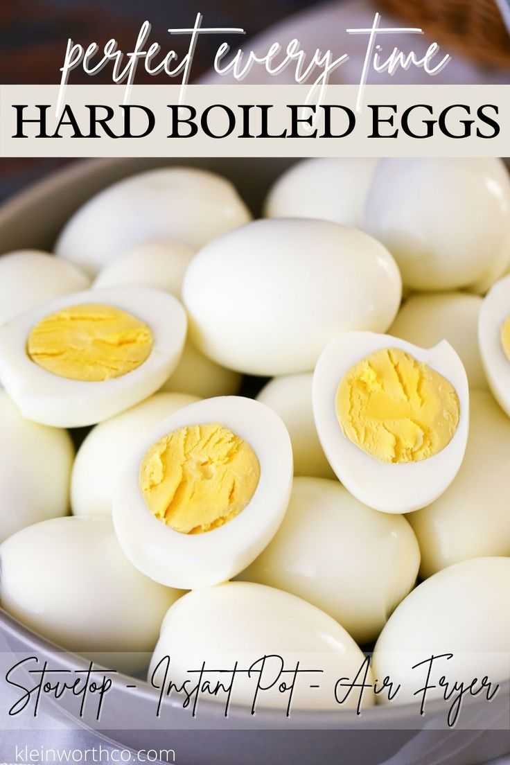 hard boiled eggs in a bowl with text overlay