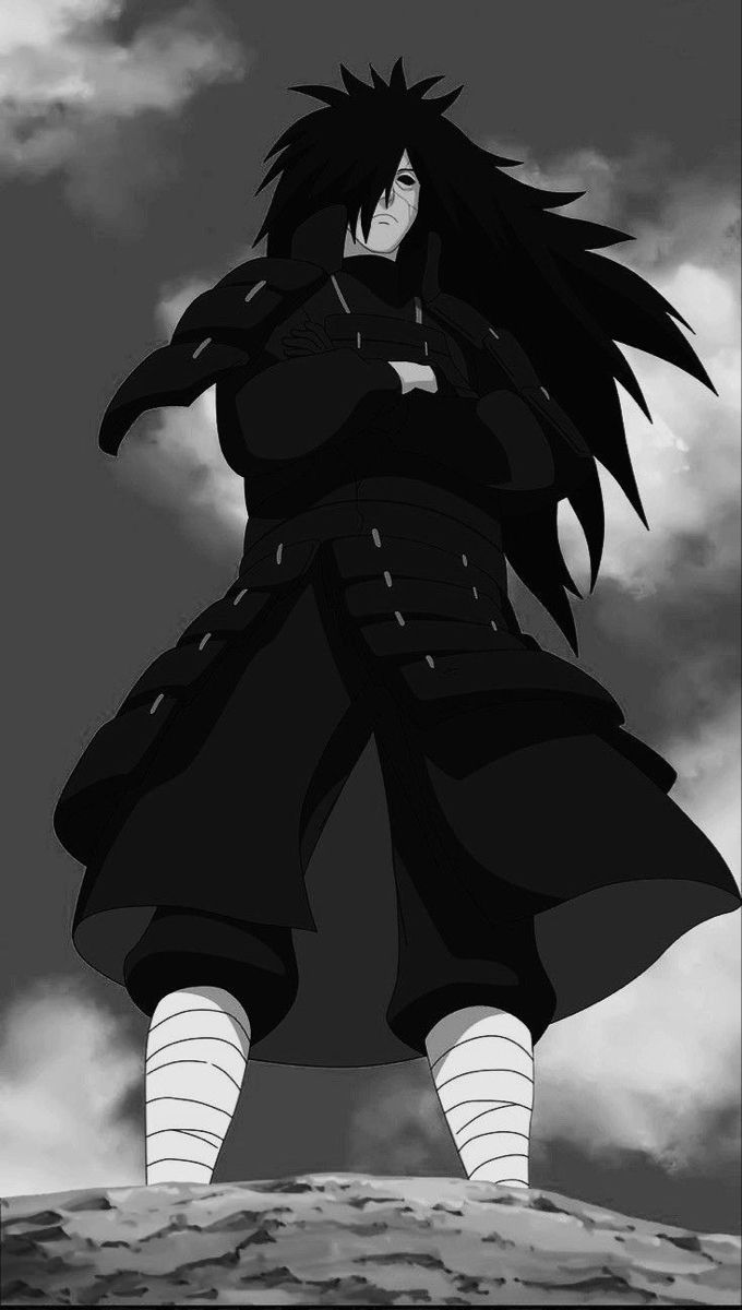 an anime character with long black hair standing on top of a hill in front of clouds