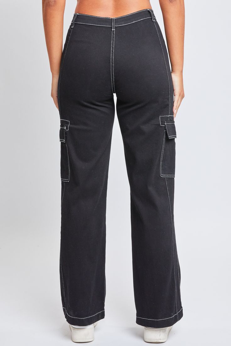 We’re living in these Women’s High-Rise Cargo Pants with Front Seam Detail all season long! We’ve omitted front and back pockets so that this high-waisted pant really accentuates your natural shape, and added a vertical front seam to draw the eye and create the illusion of a longer leg. Features contrast stitching throughout, flap button cargo pockets with pleated detail, and a relaxed straight leg for comfort and an ultra-flattering silhouette. Style with a bandeau top and sandals for a daytime Women's Cargo Pants, Ymi Jeans, Black 13, Women Cargos, Cargo Pants Women, Natural Shapes, Bandeau Top, Buy One Get One, Contrast Stitch