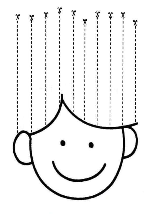 a drawing of a smiling face with straight lines hanging from it's head and the word