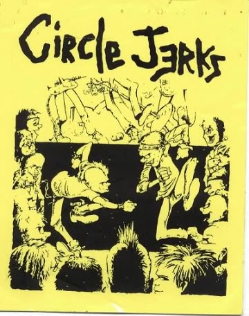 a yellow sign with black ink on it that says circle jacks and people in the background