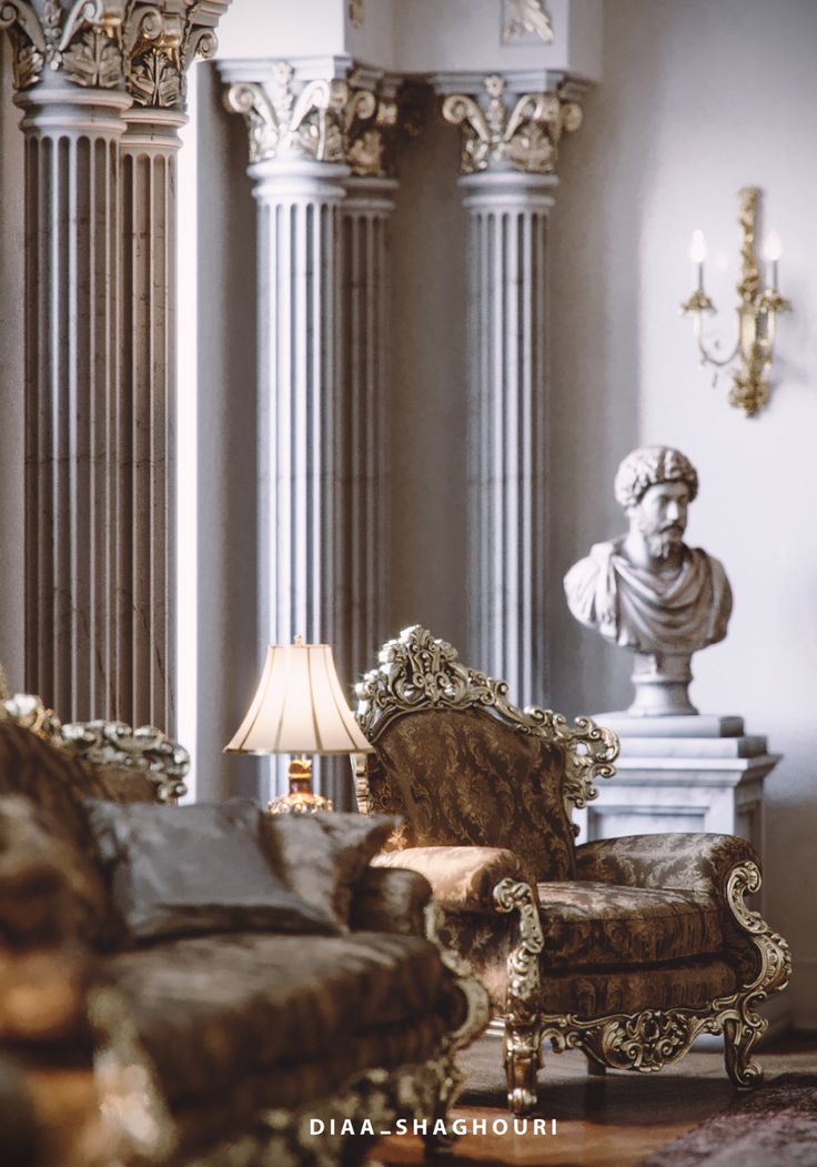 an ornately decorated living room with gold furniture and a busturine on the wall