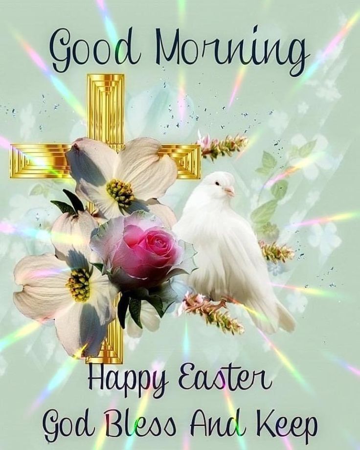 a white bird sitting on top of a cross with flowers in front of it that says good morning happy easter god bless and keep