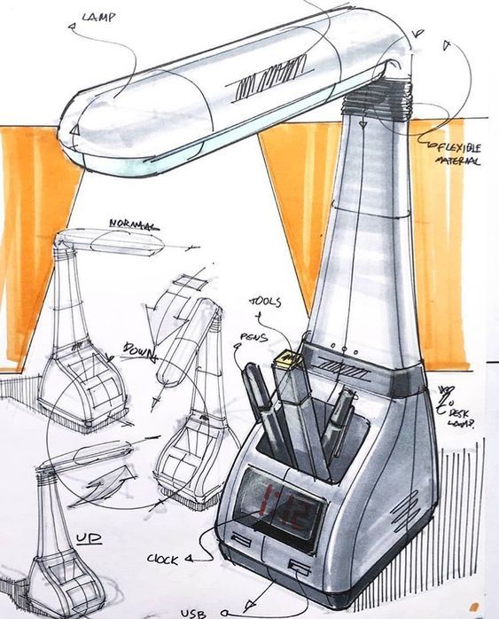 a drawing of an electronic device with various parts labeled in the diagram below and on top of it