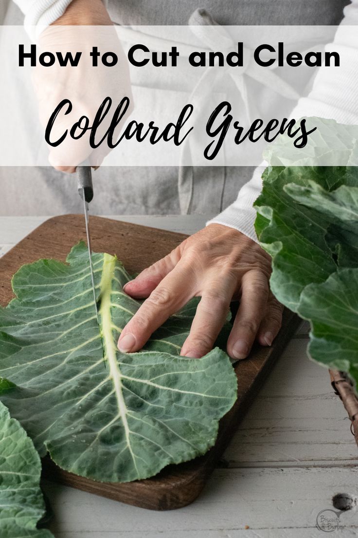 a person cutting up a leaf on a cutting board with the words how to cut and clean collard greens