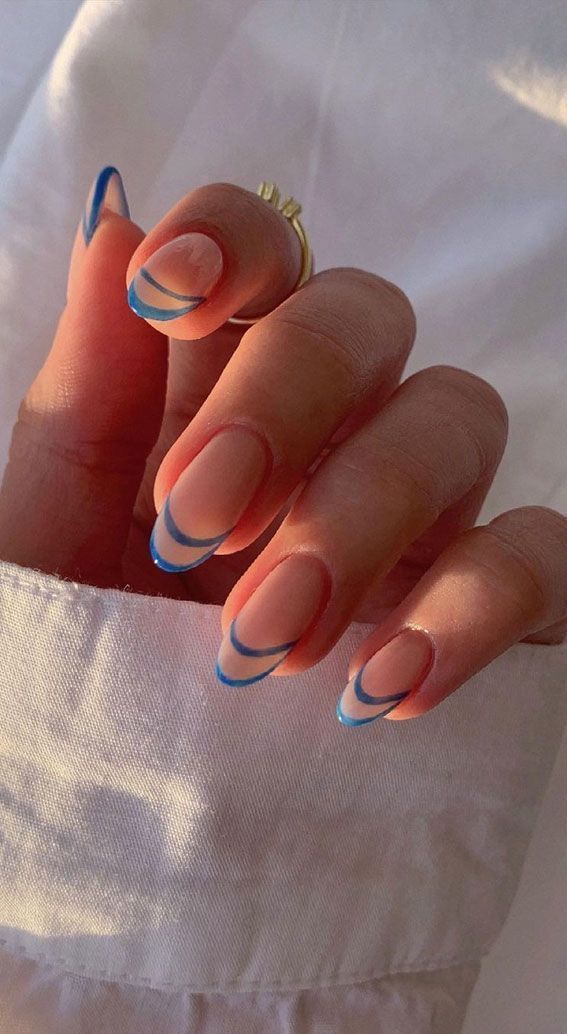 Jun 19, 2021 - 25. Blue Double French Nails What better way to begin the summer than having your nails done after long period of cold season. It’s time to... Blue Nail, Oval Nails, Fire Nails, Funky Nails, Pretty Acrylic Nails, Chic Nails, Short Acrylic Nails, Best Acrylic Nails, Blue Nails