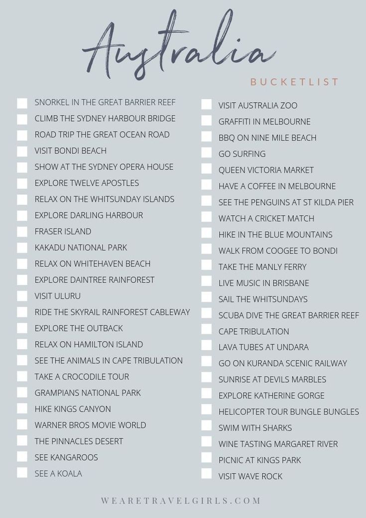 the australia bucket list with text overlaying it in blue and white, on a gray background