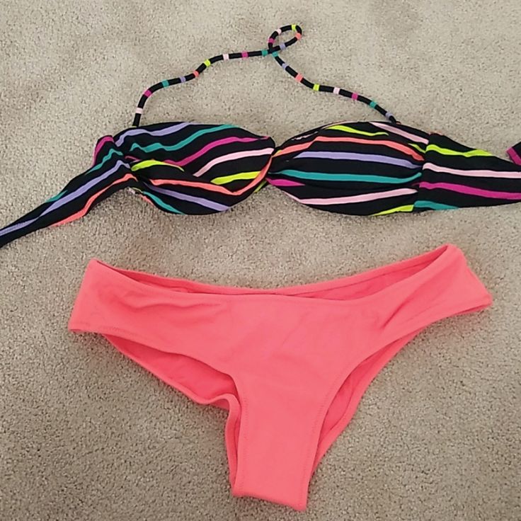 Victoria's Secret Bikini Set S/P, Brand New Pink Stretch Tankini For Party, Pink Fitted Tankini For Sunbathing, Fitted Pink Tankini For Sunbathing, Trendy Pink Fitted Tankini, Trendy Fitted Pink Tankini, Pink Tankini For Beach Party, Victoria's Secret Pink Fitted Swimwear, Casual Pink Tankini For Beach Party, Trendy Pink Tankini