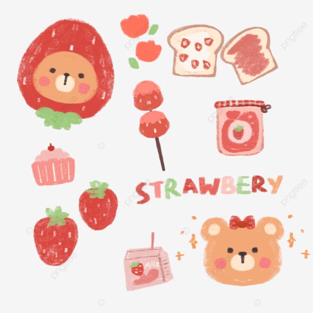 a drawing of various food items including strawberries, strawberrys and bear shaped lollipops