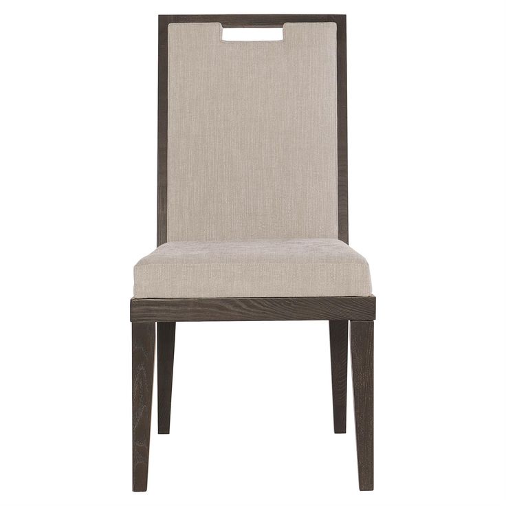 an upholstered chair with a wooden frame and fabric seat pad on the back