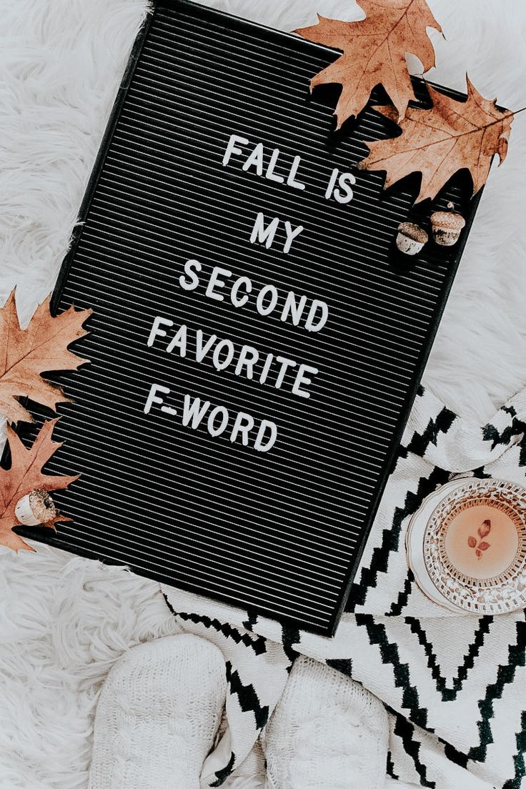 a sign that says fall is my second favorite f word next to some autumn leaves