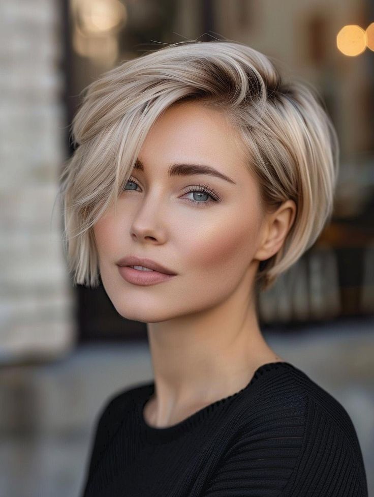 Short Gair Cut, Asymmetrical Long Pixie Haircut, Short Asymmetrical Bob Hairstyles, Pixie Haircut For Straight Thick Hair, Short Hair With No Layers, Short Pixy Hairstyles For Women, Haircut Style 2024, Short Hairstyle Bob Women, Blonde Short Bobs