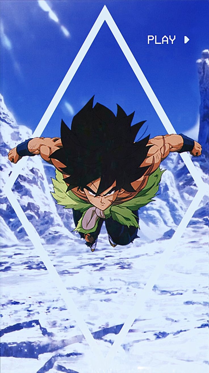 an anime character flying through the air with his arms out in front of snow covered mountains