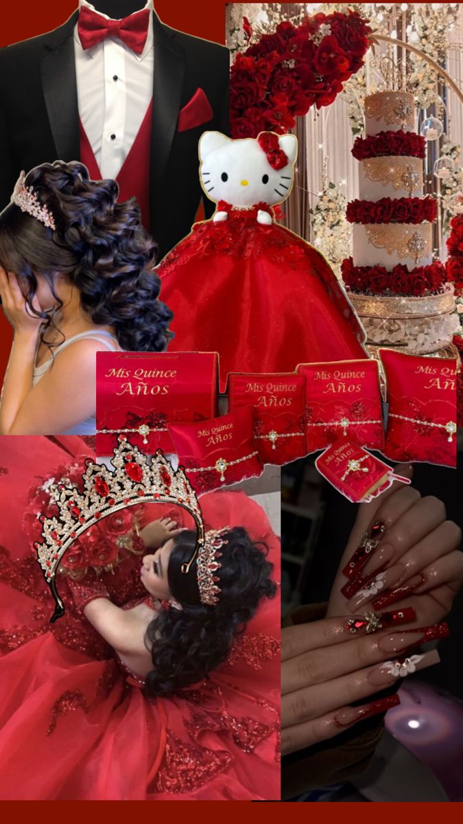 a collage of photos with red and white theme including a hello kitty tiara