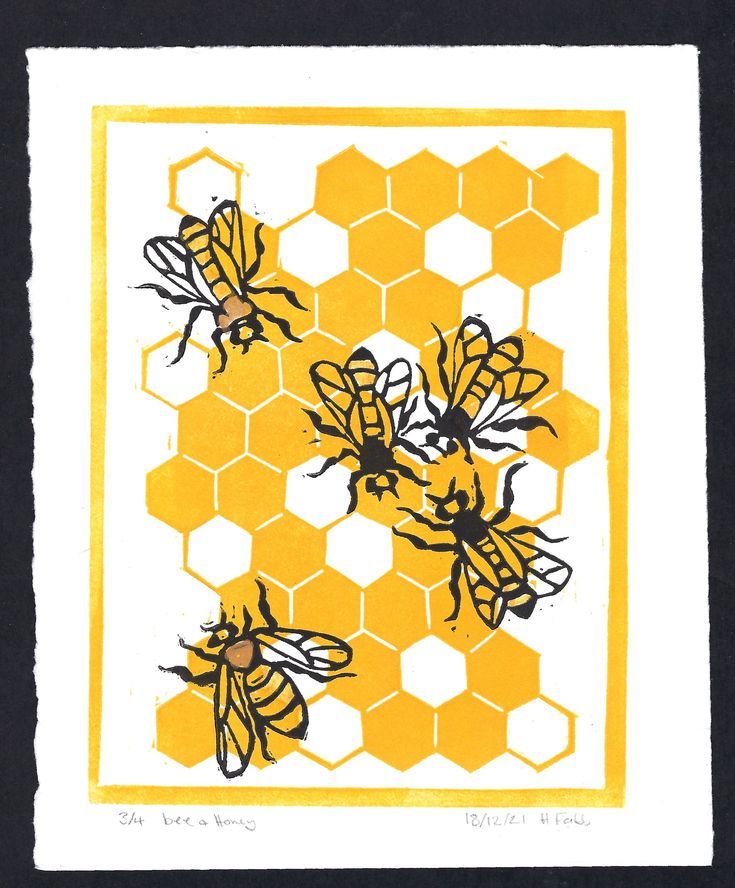 three bees on a honeycomb in yellow and black, with white hexagons