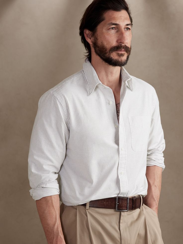 Seize the day in luxurious sophistication with this sumptuous oxford shirt crafted from soft organic cotton.  Plus, our designers added a special wash process to make this style even softer.  UNTUCKED: Specially cut 1" shorter through the body for an Timeless Cotton Shirt For Spring, Timeless Relaxed Fit Tops For Spring, Classic Dress Shirt For Everyday Spring Wear, Classic Everyday Dress Shirt For Spring, Classic Shirt With Relaxed Fit For Daywear, Classic Relaxed Fit Shirt For Daywear, Timeless Relaxed Fit Shirt For Spring, Unstructured Long Sleeve Shirt For Daywear, Timeless Long Sleeve Cotton Shirt