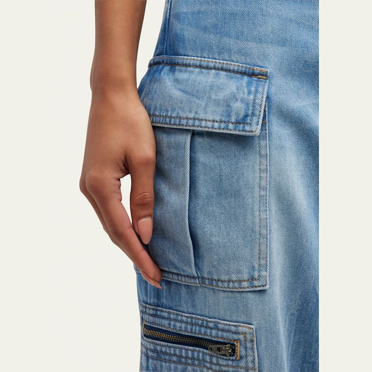 Alice + Olivia "Cay" baggy denim cargo pants  Approx. 15.5" rise; 34.5" inseam Five-pocket style; cargo leg flap and zip pockets  Low rise Wide legs Full length Button/zip fly; belt loops Cotton/elastane Lining: Cotton Dry clean Imported Denim Cargo Pants, Denim Cargo, Baggy Denim, Style Cargo, Wide Legs, Alice Olivia, Cargo Pants, Neiman Marcus, Low Rise