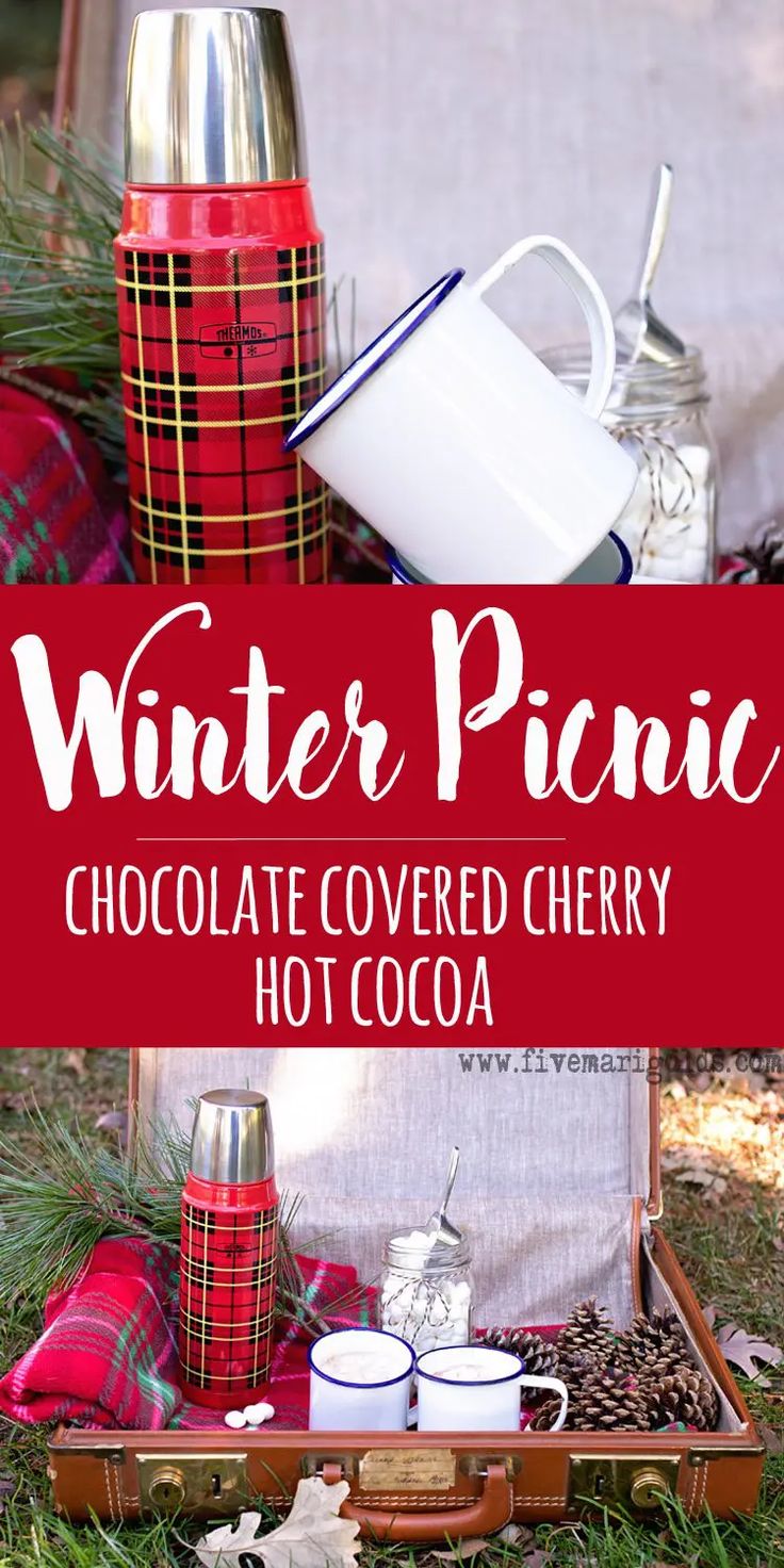 winter picnic chocolate covered cherry hot cocoa in an old suitcase with the title overlay